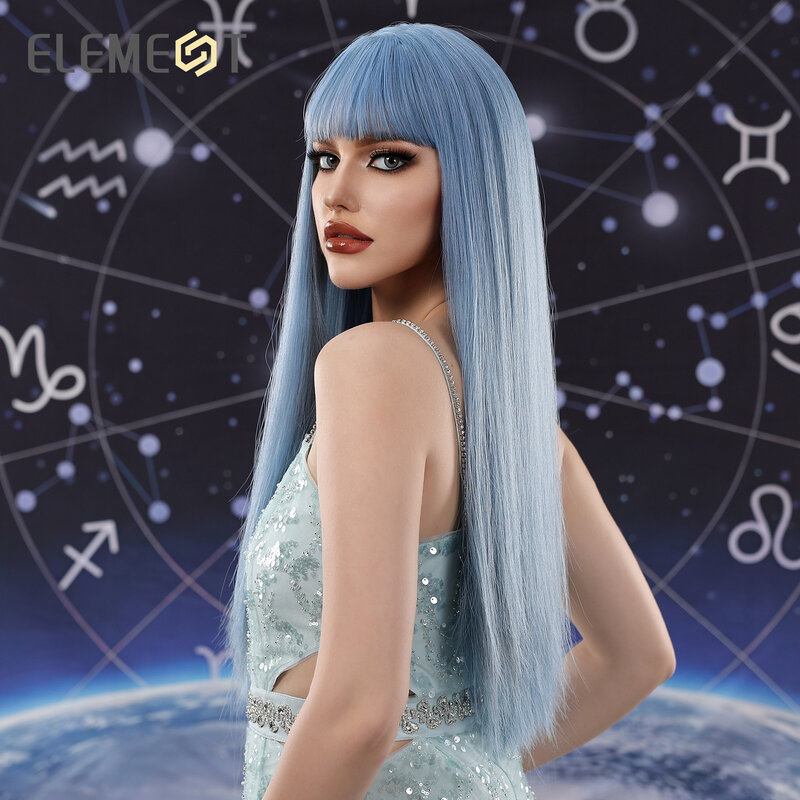 عنصر-شعر مستعار اصطناعي طويل مستقيم مختلط أزرق للنساء ، مقاوم للحرارة ، عقال رأس طبيعي ، تأثيري للحفلات ، الاستخدام اليومي