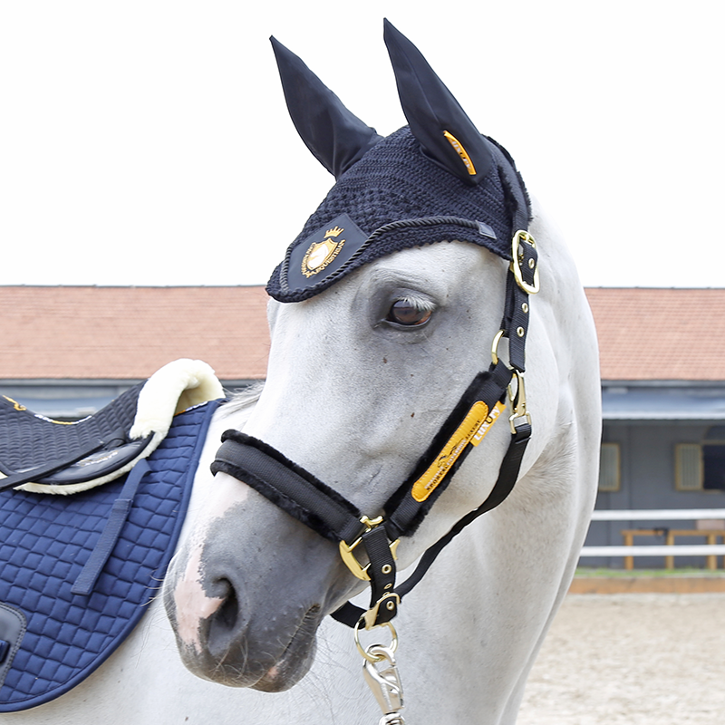 Cavassion عالية الجودة البحرية الحصان غطاء للأذن التطريز الأبيض اللون الحصان الأذن العناية قناع أسود اللون معدات الفروسية