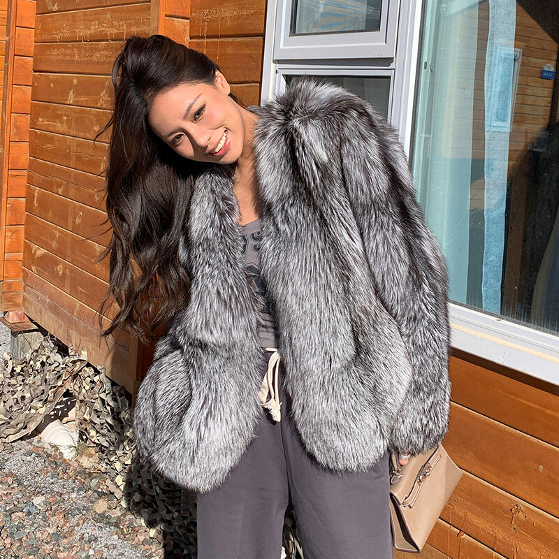 حقيقي الطبيعية الفضة الثعلب الفراء معطف الراقية جودة حقيقية النساء الشتاء الفاخرة الإناث سترة طويلة الأكمام