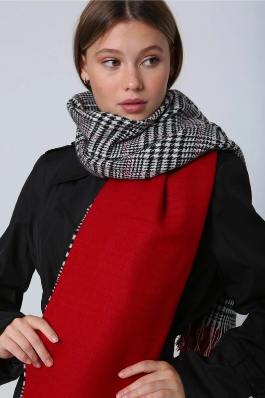 شال مزدوج الوجهين بنمط قدم أوزة للنساء ، وشاح أحمر ، 70 × × سم