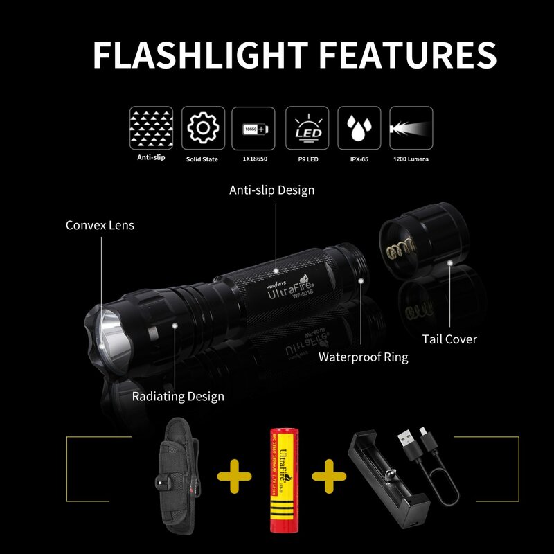 UltraFire LED التكتيكية 18650 501B مصباح يدوي وضع واحد 1200 التجويف عالية مع واجب حزام الحافظة بطارية قابلة للشحن وشاحن