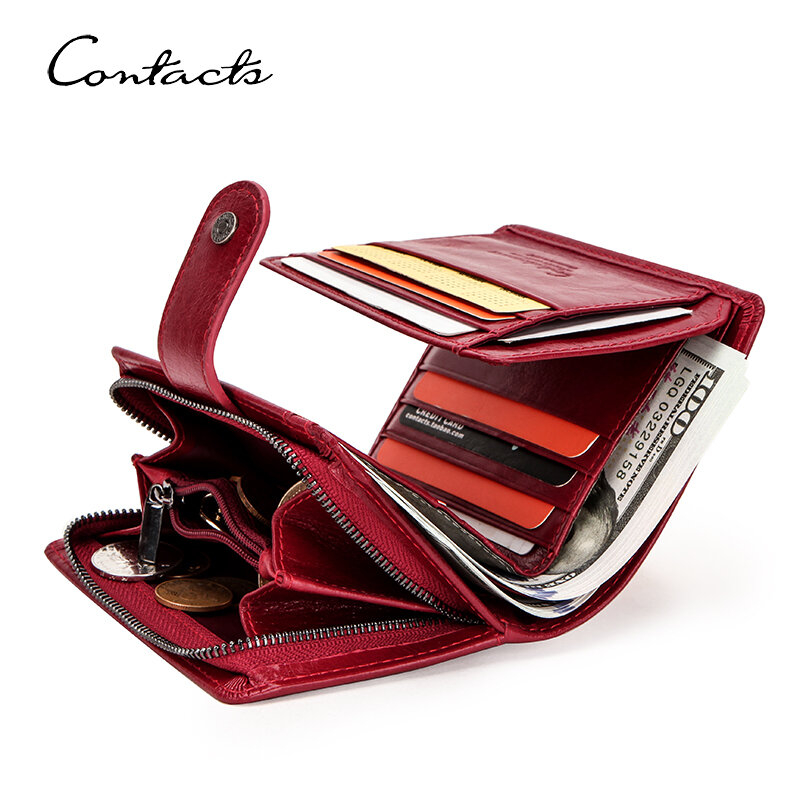 CONTACT'S جلد طبيعي محافظ للنساء قصيرة موضة المرأة المحافظ حامل بطاقة البريدي عملة المحافظ الإناث حقيبة المرأة المحفظة