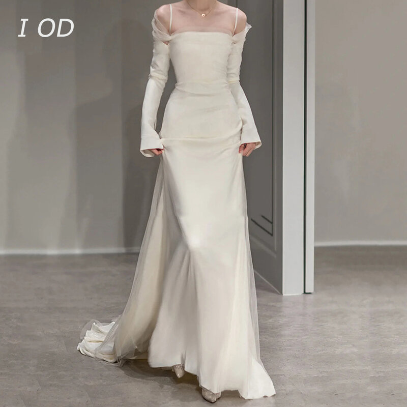 فستان زفاف من الساتان برقبة مربعة ، بأكمام طويلة ، ذيل تول ، فستان زفاف ، بسيط