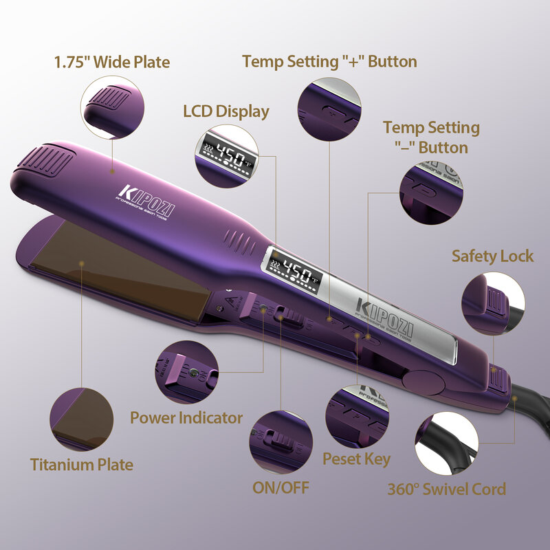 KIPOZI مكواة فرد الشعر 139 التيتانيوم حديد مسطح 1.75 بوصة لوحة واسعة مع شاشة الكريستال السائل ، درجة حرارة قابلة للتعديل والجهد المزدوج