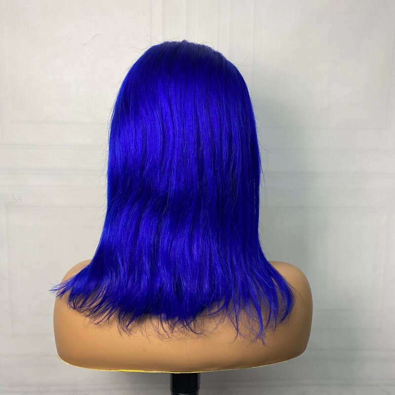 شعر مستعار قصير بوب أمامي من الدانتيل الشفاف للنساء ، شعر بشري برازيلي ، شعر ريمي ملتف مسبقًا ، كثافة ، 13 × 4 ، أزرق