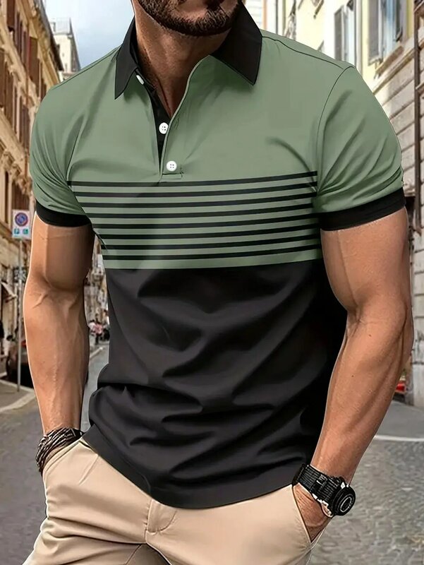 قميص بولو للرجال بأكمام قصيرة بطية صدر ، كتلة ألوان كاجوال ، مناسب للجولف الصيفي ، قياس الأوروبي