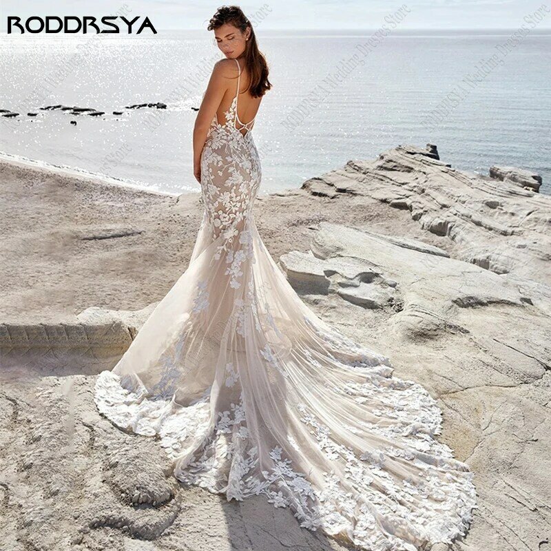 فستان زفاف بحورية البحر على الشاطئ من RODDRSYA للنساء ، حمالات سباغيتي ، مزين بالدانتيل ، بدون ظهر ، فساتين زفاف مصنوعة حسب الطلب