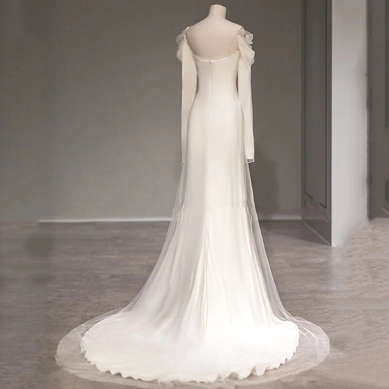 فستان زفاف من الساتان برقبة مربعة ، بأكمام طويلة ، ذيل تول ، فستان زفاف ، بسيط