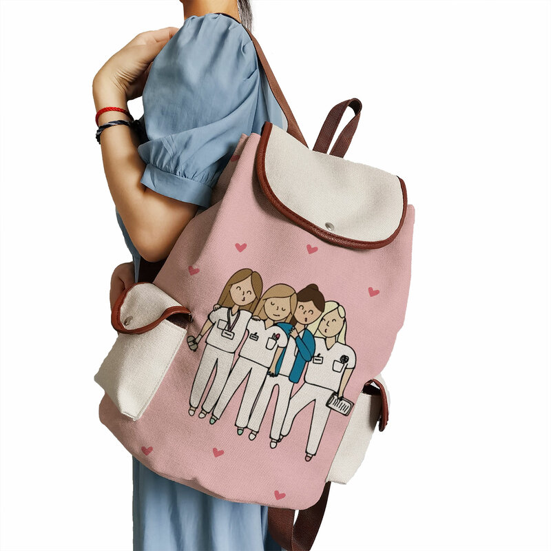 الكرتون ممرضة طباعة موضة المرأة على ظهره سعة كبيرة المحمولة السفر في الهواء الطلق حزمة سعة كبيرة طوي تخزين Bookbag