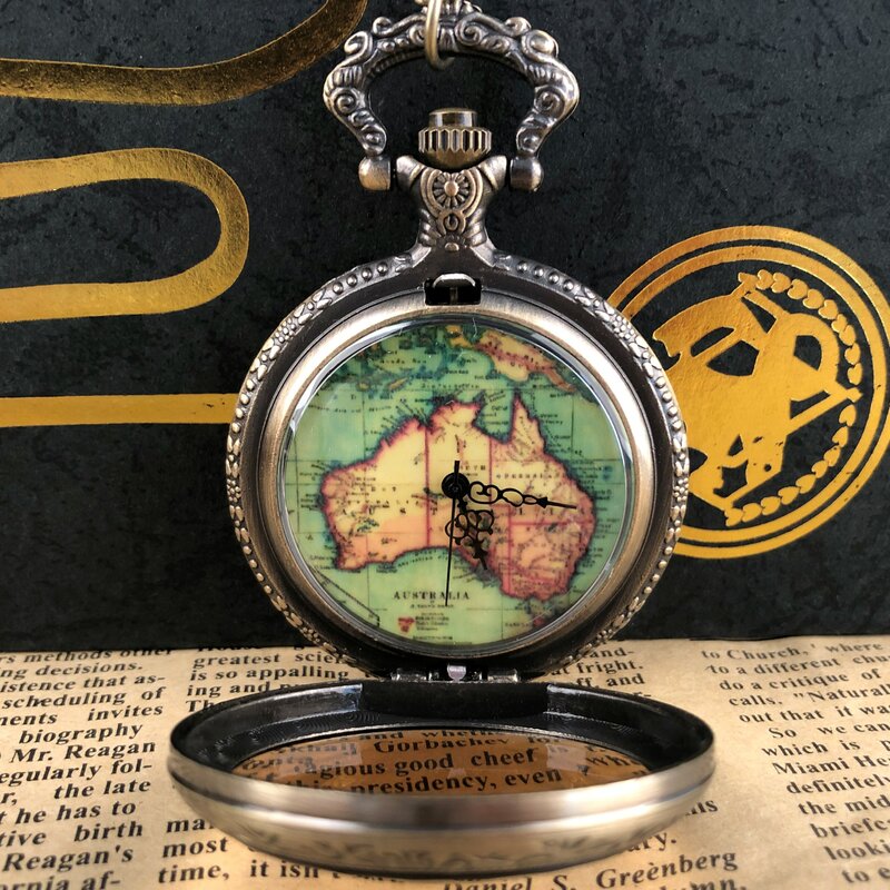 جديد العتيقة ساعة جيب كوارتز شخصية خريطة تصميم قلادة قلادة مع سلسلة ساعة للرجال النساء reloj دي bolsillo