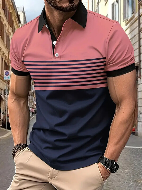 قميص بولو للرجال بأكمام قصيرة بطية صدر ، كتلة ألوان كاجوال ، مناسب للجولف الصيفي ، قياس الأوروبي