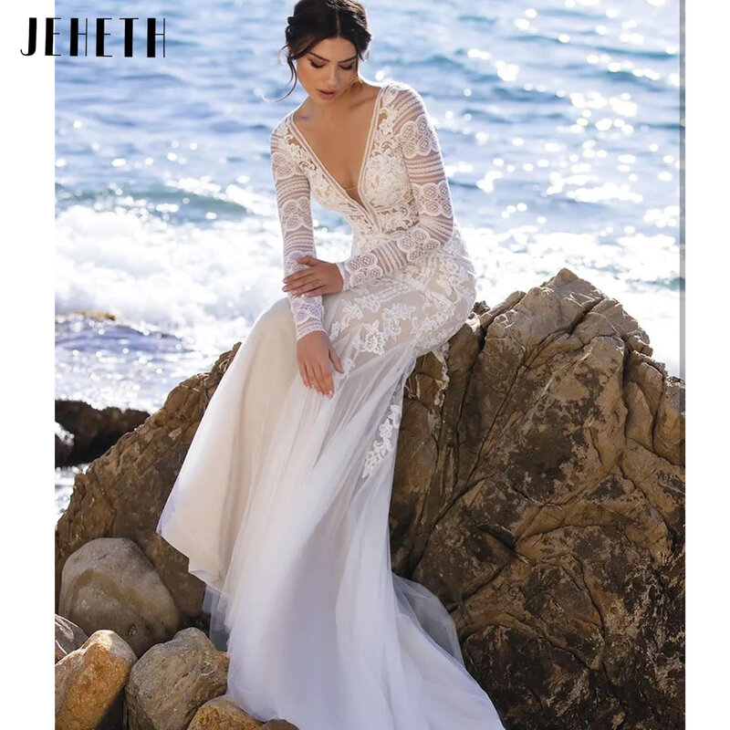 JEHETH-Beach حورية البحر فستان الزفاف, كم طويل, رقبة v, دانتيل زين, ظهر مفتوح, فستان العروس, سويب تراين, مثير