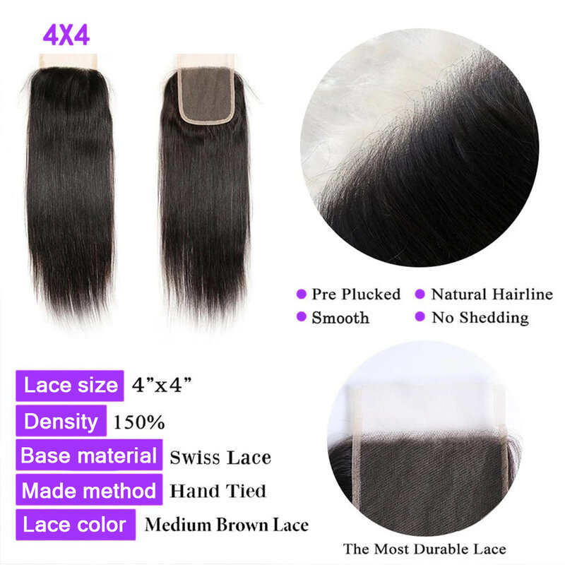 خصلات شعر بيروفي مستقيم ، شعر بشري طويل ، خصلات مموجة ، 4x4 ، HD ، 4x4 ، 12-32 بوصة