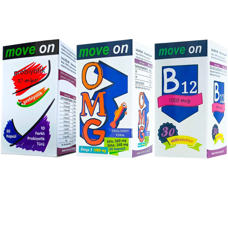 MoveOn Probiotics + OMEGA3 + فيتامين B12 (3 في 1 تركيبة) Probiyotic 10 مليار + زيت السمك OMG3 Prebiotic + Mikrotablet 2024