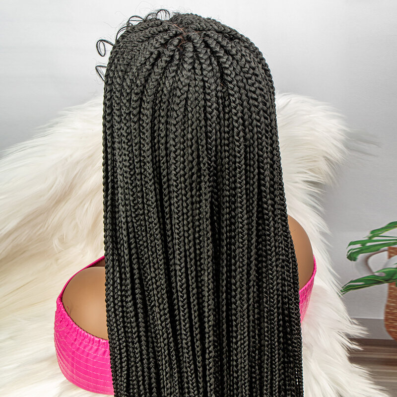 شعر مستعار مضفر اصطناعي مع شعر أطفال للنساء السود ، فائق الطول ، مستقيم ، لون طبيعي ، ضفائر صندوق ، 4 × 4 واجهة دانتيل ، 34 بوصة