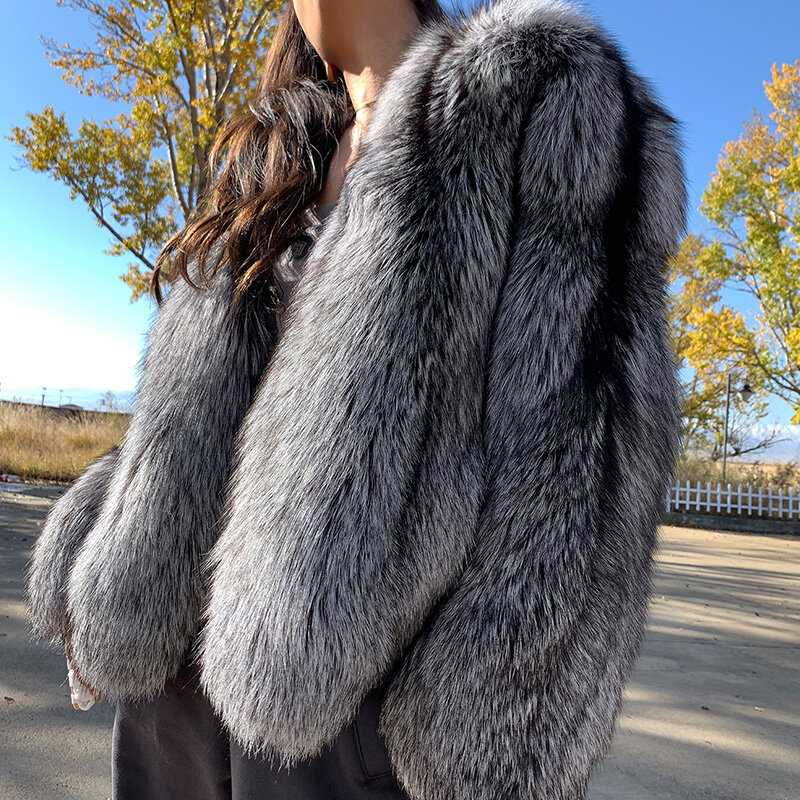 حقيقي الطبيعية الفضة الثعلب الفراء معطف الراقية جودة حقيقية النساء الشتاء الفاخرة الإناث سترة طويلة الأكمام