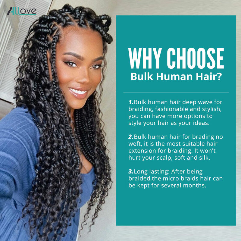 Allove-الشعر البشري بالجملة للتضفير ، موجة عميقة ، لا لحمة ، ملحقات السائبة ، الشعر الريمي البرازيلي ، 100% غير المجهزة