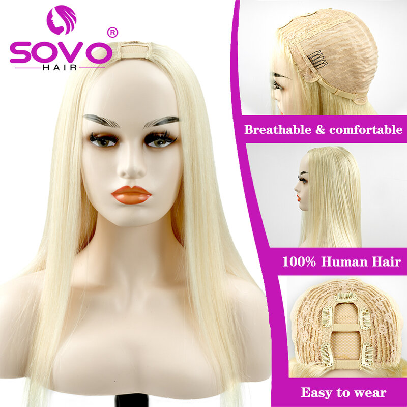 SOVO-باروكات بشريط على شكل حرف U أشقر طبيعي للنساء ، شعر طبيعي ، جزء U ، 28 بوصة ، كثافة 180 ، 613 ، شعر طبيعي
