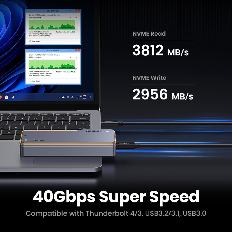 حافظة SSD من UGREEN-NVMe ، غلاف SSD M.2 إلى محول USB لـ M.2 NVME PCIE ، سترة تبريد مدمجة ، علبة ألومنيوم ، 40 جيجابايت في الثانية