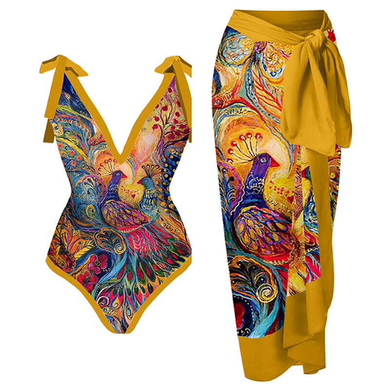 النساء قطعة واحدة ملابس السباحة مع تنورة الذهبي ملابس السباحة التستر الإناث الرجعية عطلة الشاطئ فستان الصيف تصفح ارتداء