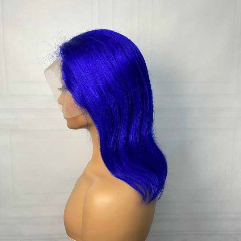 شعر مستعار قصير بوب أمامي من الدانتيل الشفاف للنساء ، شعر بشري برازيلي ، شعر ريمي ملتف مسبقًا ، كثافة ، 13 × 4 ، أزرق