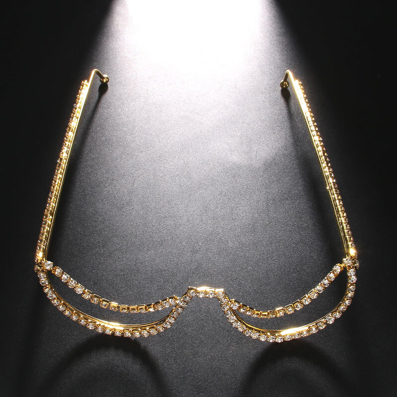 إطارات نظارات من حجر الراين بسلسلة متعددة الطبقات بوهو للنساء ، نصف إطار كريستال لامع ، زخرفة للعين ، مجوهرات بدون عدسات ،