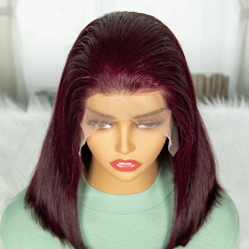 باروكات بوب قصيرة مستقيمة بورجوندي ، باروكة بدانتيل أمامي شفاف ، شعر بشري ريمي برازيلي ، ملون ، 13 × 4 ، 99J