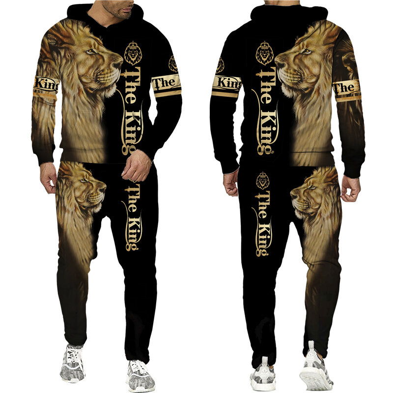 بدلة رياضية بغطاء للرأس بطباعة ثلاثية الأبعاد من Cool The Lion King بدلة رياضية للرجال طقم مكون من قطعتين طقم ملابس للركض للرجال
