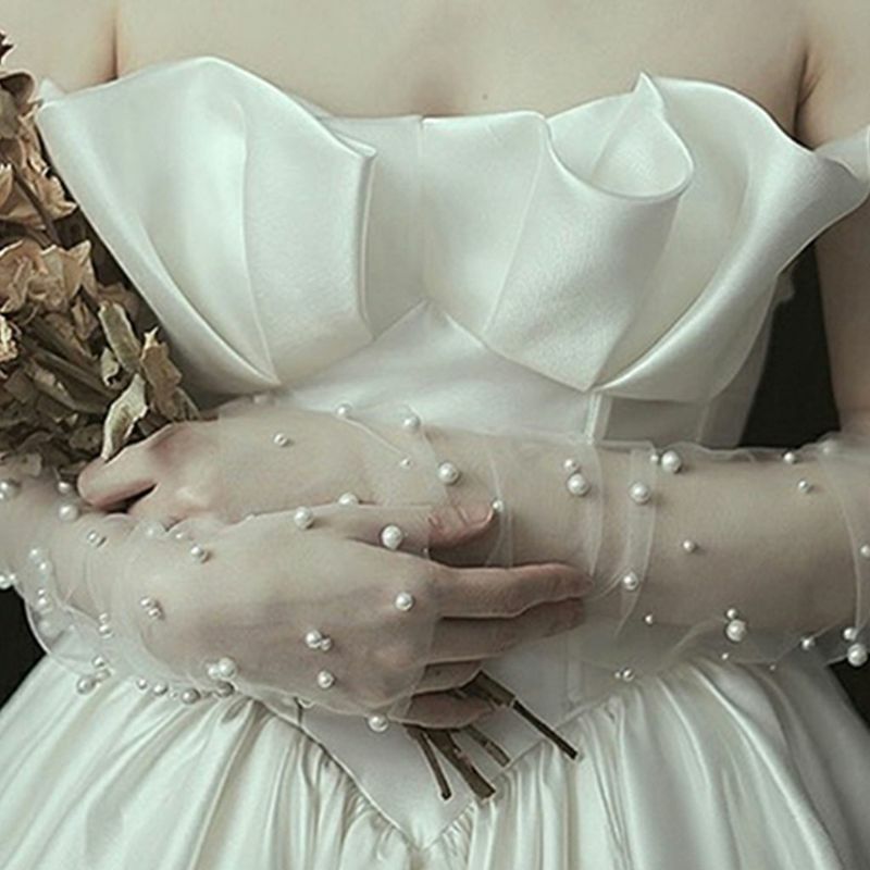 JaneVini-قفازات زفاف طويلة أنيقة للنساء ، تول شفاف ، أميرة ، لؤلؤ ، بدون أصابع ، فستان زفاف ، أبيض ، إكسسوارات ، 2019