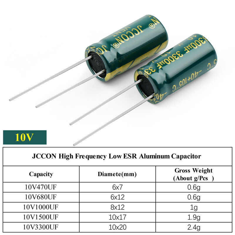 100 قطعة JCCON الألومنيوم مُكثَّف كهربائيًا 10V 470 فائق التوهج 680 فائق التوهج 1000 فائق التوهج 1500 فائق التوهج 3300 فائق التوهج عالية التردد منخفضة ESR منخفضة المقاومة