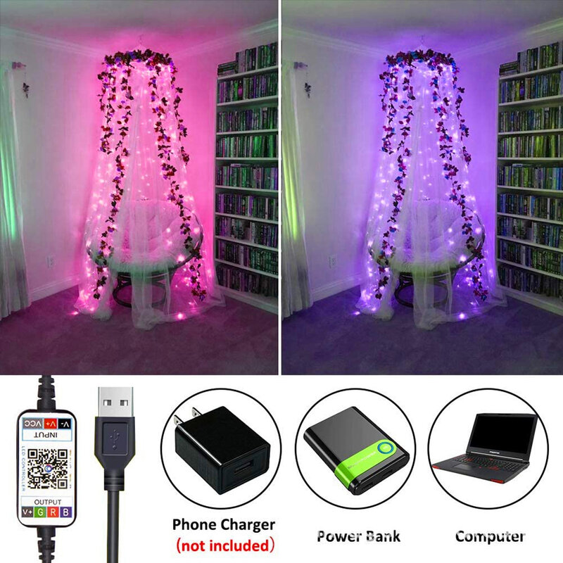 App التحكم عن بعد 2 متر 20 المصابيح الذكية سلسلة ضوء USB بلوتوث الفضة الأسلاك النحاسية الجنية مصباح المنزل نوم ديكور حفلة عيد الميلاد