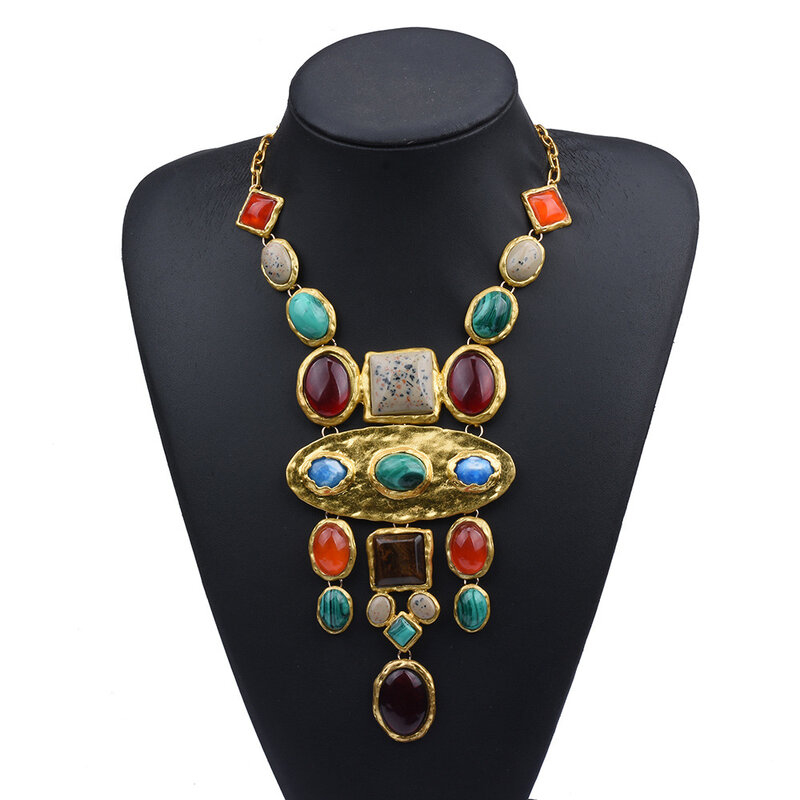 البوهيمي Vintage بيان قلادة للنساء الباروك نمط اللون كريستال هندسية الأحجار الكريمة طويلة سترة سلسلة قلادة مجوهرات