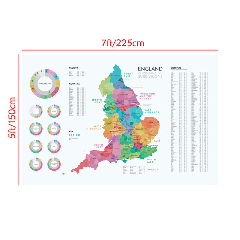 لوحة على شكل خريطة تقسيمات إدارية إنكلترا 225*150 سم لوحة قماشية غير منسوجة ملصق كبير تزيين المنزل مستلزمات المدرسة