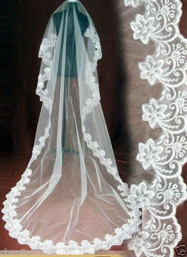 جديد 1 طبقة طول الكاتدرائية الحجاب الزفاف الأبيض العاج الدانتيل حافة العروس