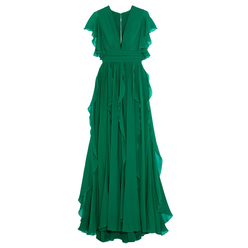 الملكي شقيقة آلهة مروحة فستان بفتحة عنق على شكل v الصناعة الثقيلة تكدرت ضئيلة عالية الشعور الأخضر فستان طويل تنورة