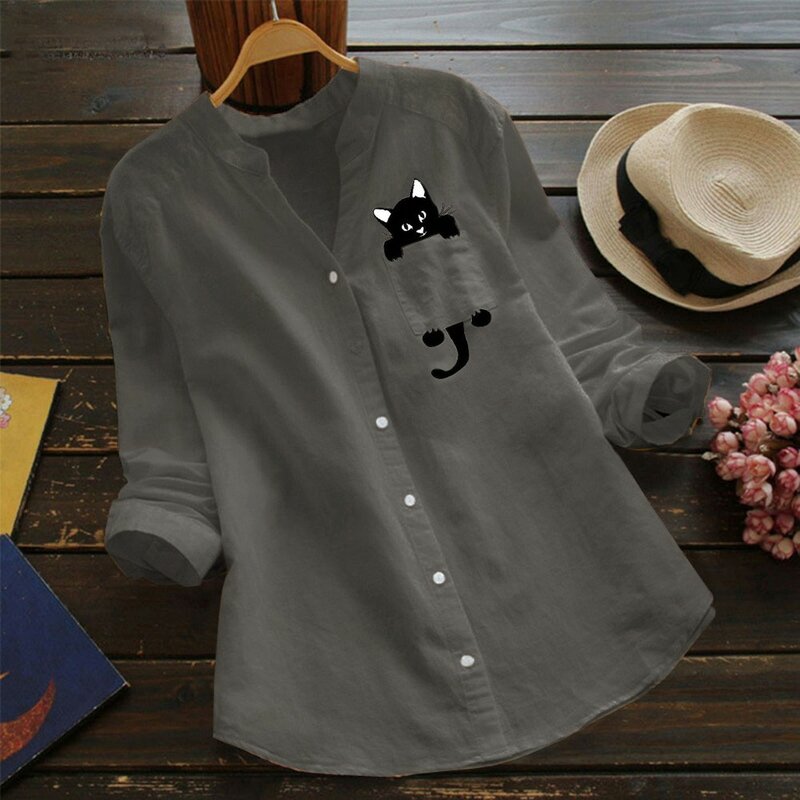 قميص نسائي من القطن والكتان بجيب مطبوع على شكل قطة ، بلوزة كاجوال بأكمام طويلة برقبة على شكل V ، قميص بأزرار لأسفل ، ملابس نسائية 2021