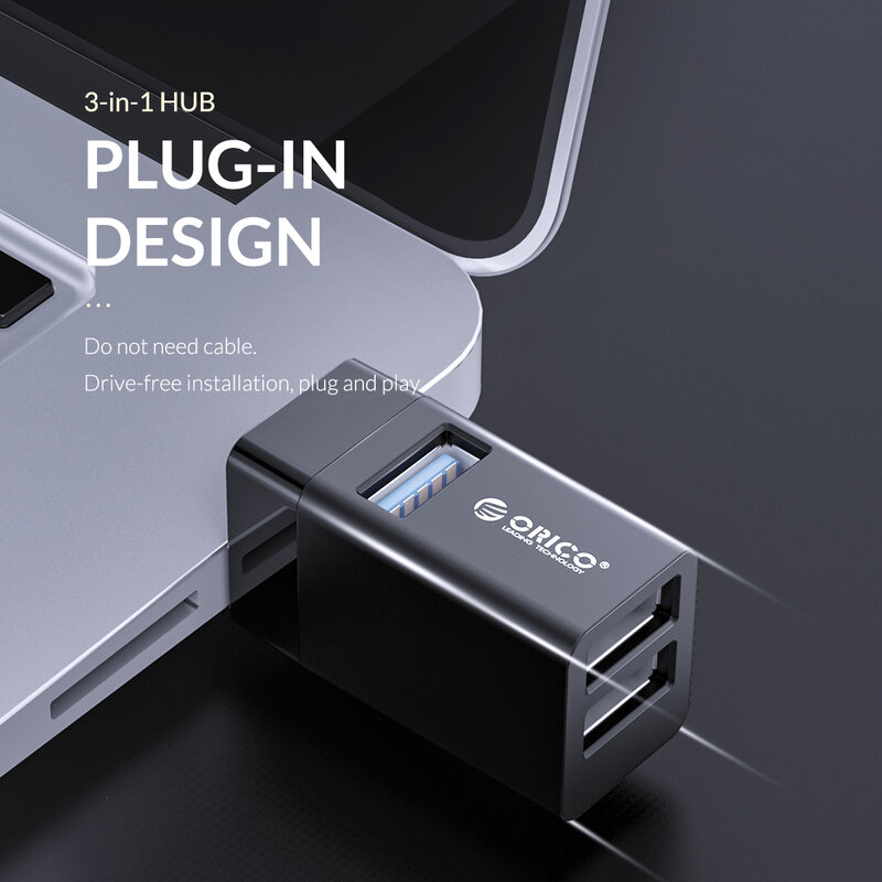موزع USB صغير من ORICO طراز 3.0 موزع USB 2.0 عالي السرعة وممدد بـ 3 منافذ USB لأجهزة الكمبيوتر المحمول المكتبي محرك حر