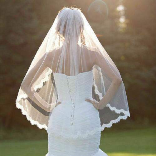 حجاب حافة مزين بالدانتيل لحفلات الزفاف ، طبقة واحدة ، حجاب كوع ، أبيض ، موضة جديدة