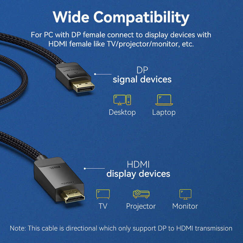 Vention ديسبلايبورت كابل وصلة بينية مُتعددة الوسائط وعالية الوضوح 4K 60Hz DP كابل وصلة بينية مُتعددة الوسائط وعالية الوضوح عرض ميناء ذكر إلى HDMI ذكر محول ل HDTV العارض DP إلى HDMI