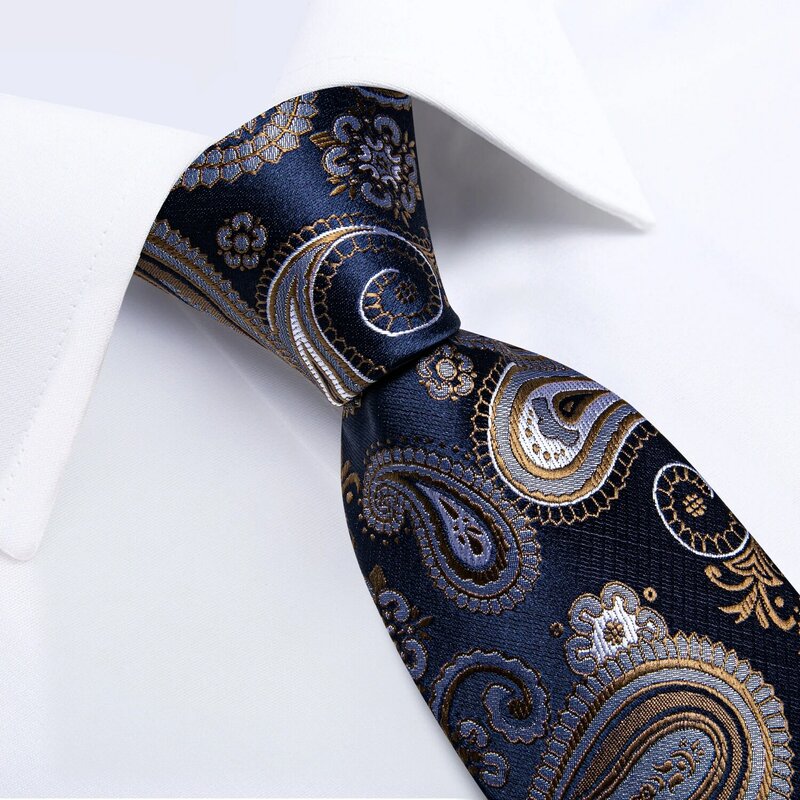فاخر الأزرق الذهب بيزلي الرجال التعادل الأعمال الزفاف رابطة عنق رسمية للرجال هدية Cravate رابطة عنق حرير منديل أزرار أكمام DiBanGu