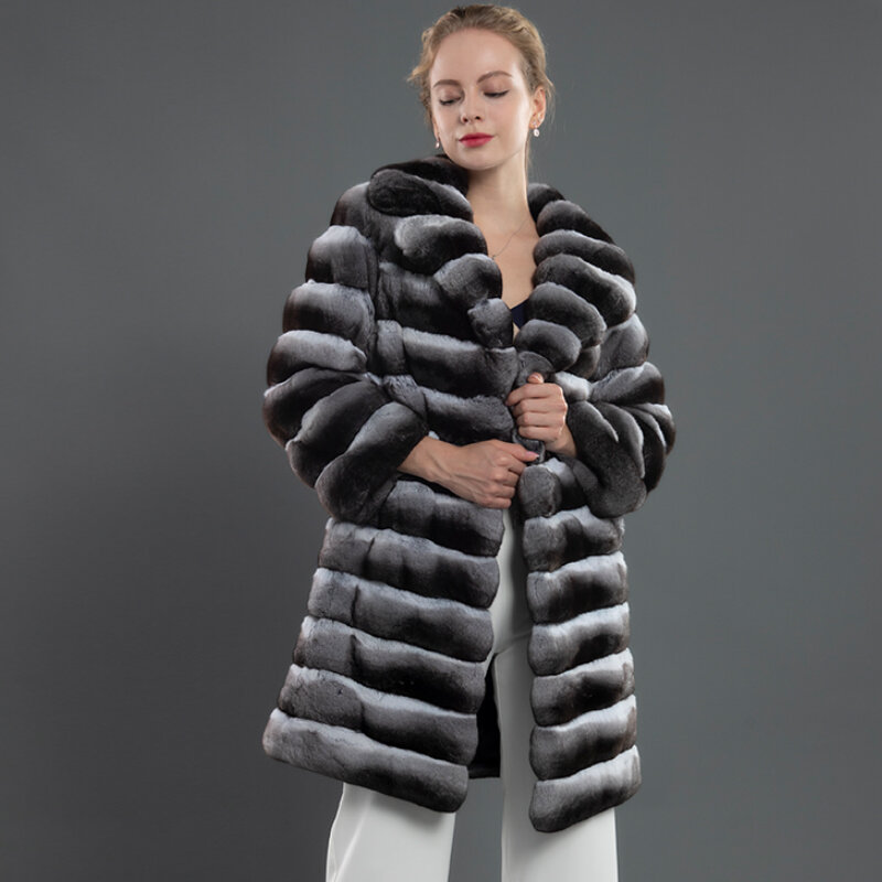 مبهج معطف الفرو النساء الطبيعية ريكس الأرنب الفراء سترة الشتاء أبلى بدلة على الموضة طوق معطف طويل 85 سنتيمتر