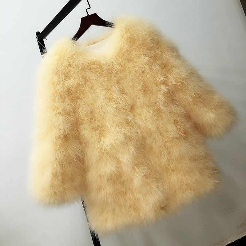 معطف فرو أصلي متوسط الطول ، ريش ديك رومي ، مخيط يدويًا ، لون خالص ، مع بطانة قطنية ، مناسب لدرجة الحرارة 0-10 ℃