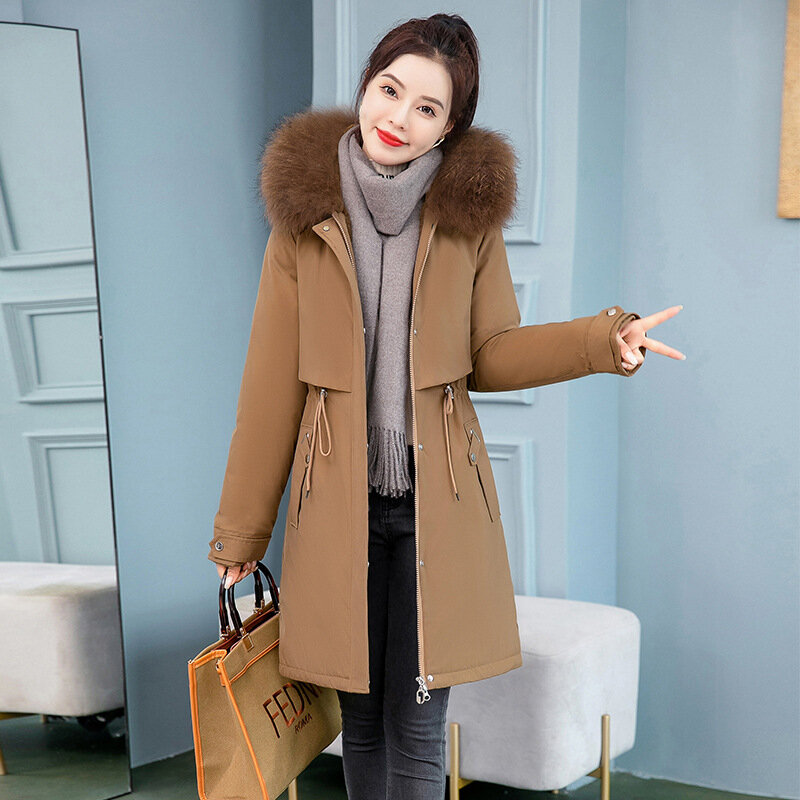 الشتاء سترة الملابس للنساء الكورية سترات سميكة عارضة مقنعين الدافئة متوسطة طويلة معطف مع الفراء طوق 6XL حجم كبير سترة