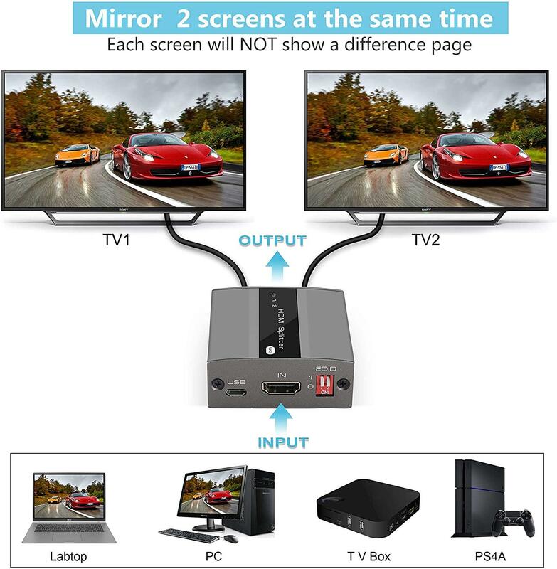 موزع HDMI 1 في 2 مع دليل إدارة EDID يدعم 4K @ 30HZ 1080P 3D 【نسخ فقط ، لا توفر مخرجين مختلفين 】