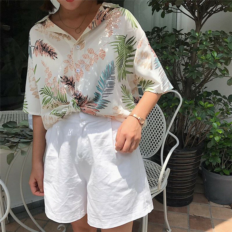 صيف جديد أنثى هاواي موضة الأزهار قصيرة الأكمام قمصان السيدات فضفاضة بلايز عادية الشيفون البلوزات حجم واحد