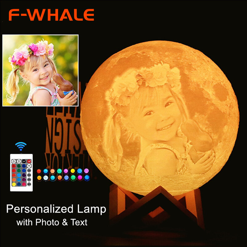 دروبشيب صور/نص مخصص مصباح قمري ضوء الليل ثلاثية الأبعاد طباعة قابلة للشحن شخصية توقيت ضوء القمر هدية للأطفال ، صديقة