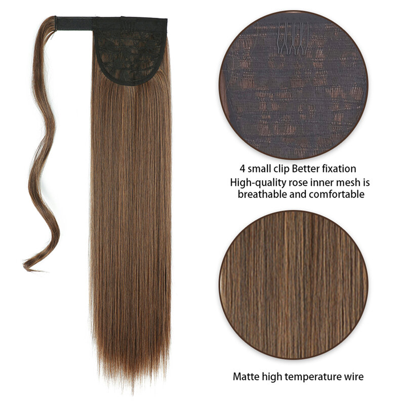 وصلات شعر طويلة مستقيمة على شكل ذيل حصان للنساء ، شعر مقاوم للحرارة ، قطعة شعر حول المهر ، 22 بوصة ، 32 بوصة