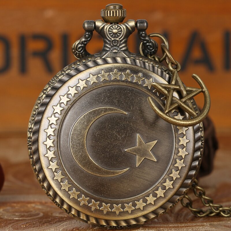 الرجعية البرونزية تركيا العلم تصميم القمر ستار دائرة الكوارتز العتيقة ساعة الجيب الشرير قلادة قلادة للرجال النساء مع ملحق