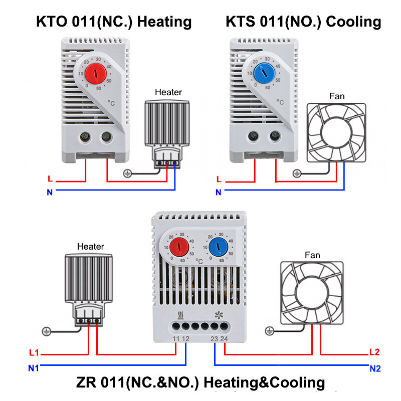 0-60'C KTO011 KTS011 DIN السكك الحديدية الصغيرة المدمجة ثنائية المعدن ترموستات الميكانيكية تحكم في درجة الحرارة عادي فتح إغلاق KTO 011 KTS