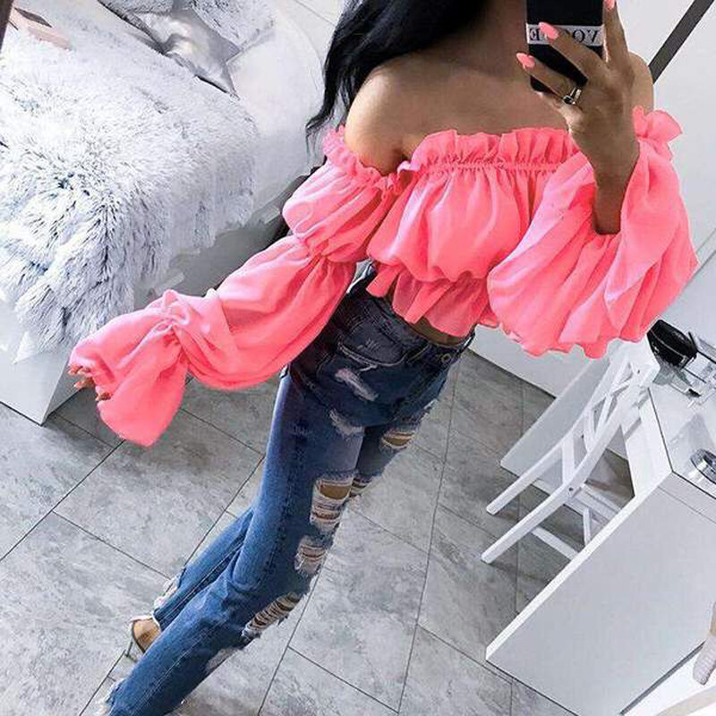 Sexy Womens Chiffon Long Puff Sleeve Off Shoulder Crop Tops Blouses Loose Casual Blouse Lady New Fashion Hot Sale Shirt Top